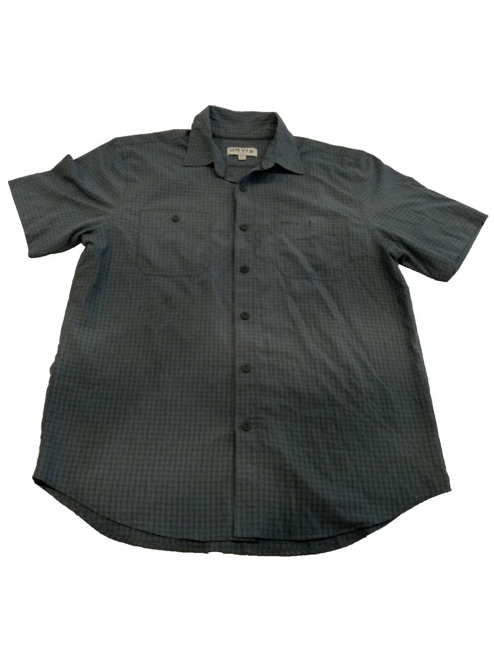 Orvis Shirt Mens Medium Muted Blue Green Micro Check Short Sleeve Button Down M